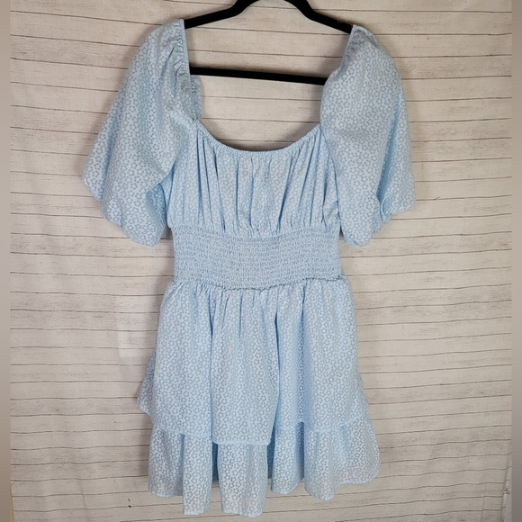 LULUS Tiers To Me Light Blue Puff Sleeve Tiered Skater Mini Dress, sz Large - Picture 2 of 15